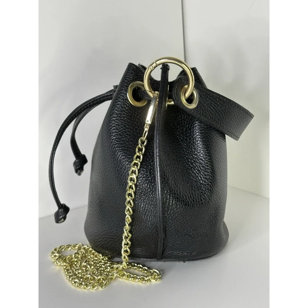 Anna Paola, Bucket Bag Black Pebbled Leather Drawstring Gold Chain Made In Italy